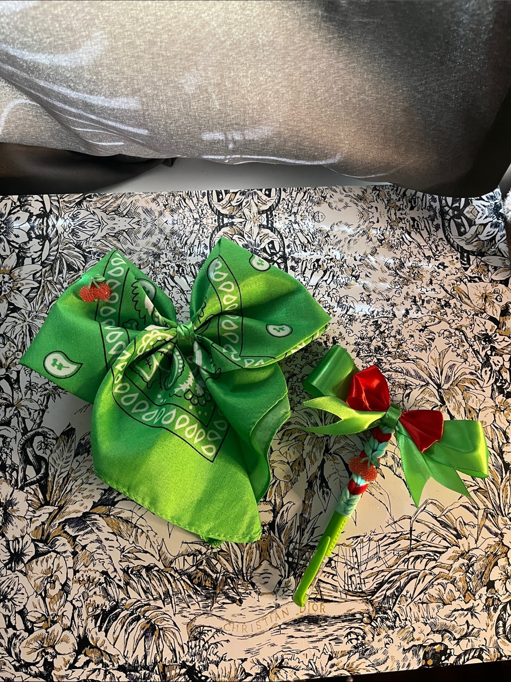Handmade Green Bandana Hair Bow and Ribbon Pen Set